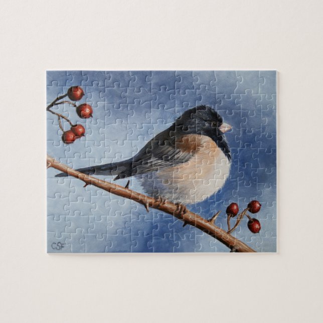 Cute Bird Oregon Junco and Winter Berries Jigsaw Puzzle (Horizontal)
