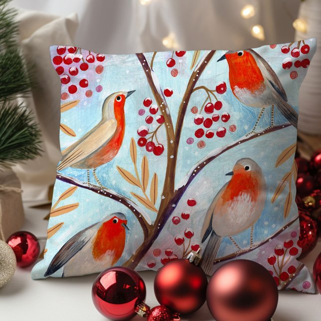 Cute Bird Red Robin Blue Christmas Family Throw Pillow (Cute Bird Red Robin Blue Christmas Family Throw Pillow)