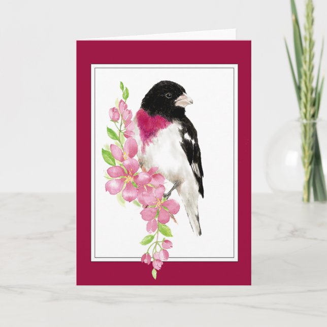 Cute Bird Saying Hi, Hello Rose-Breasted Grosbeak Card (Front)
