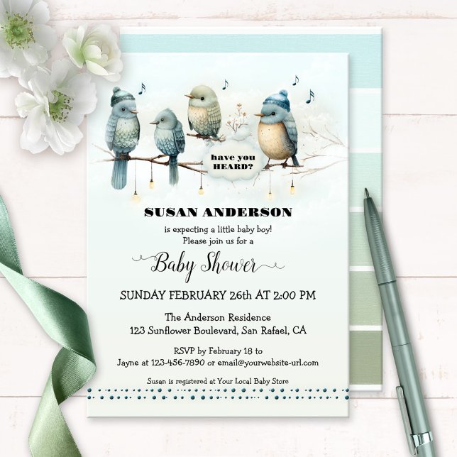 Cute Bird Song Artistic Baby Shower Invitation (Baby shower invitation featuring artistic cute birds singing about the soon to arrive baby boy)