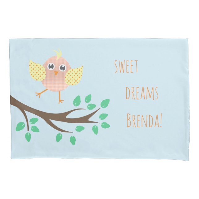 Cute Bird Sweet Dreams Light Blue Kids Pillowcase (Front)