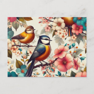 Cute bird with flower breach on tree colourful sea holiday postcard