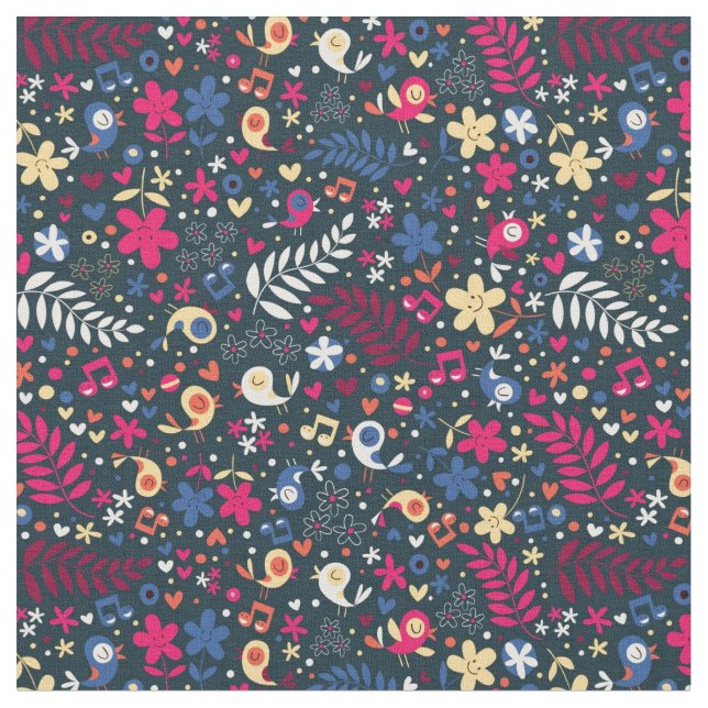cute birds and flowers pattern fabric (Close Up)
