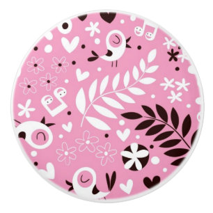 cute birds and flowers pink pattern ceramic knob