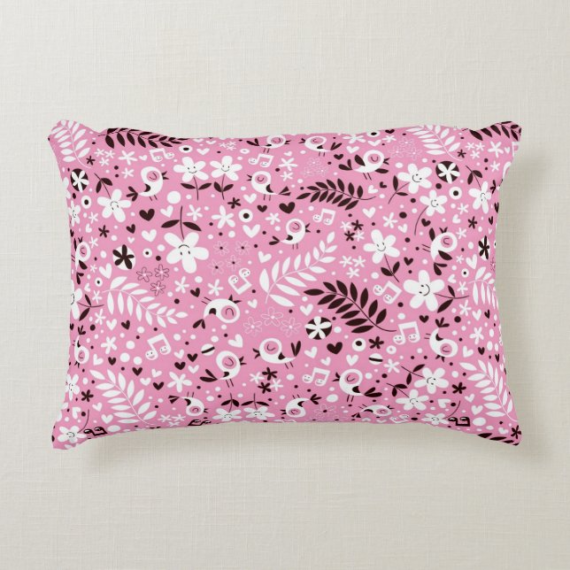 cute birds and flowers pink pattern decorative pillow (Front)