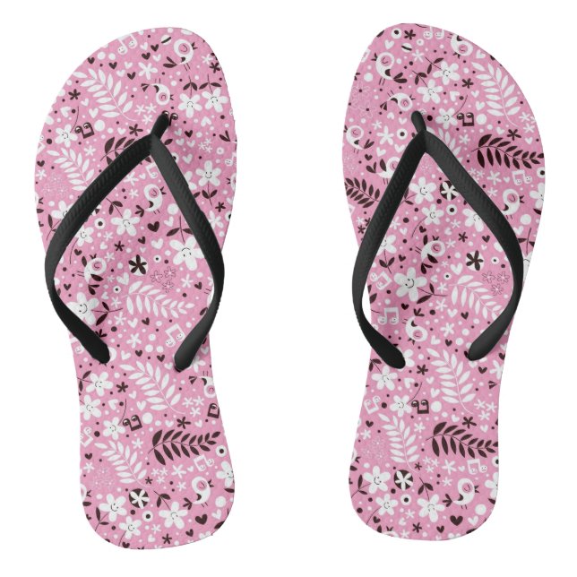 cute birds and flowers pink pattern flip flops (Footbed)