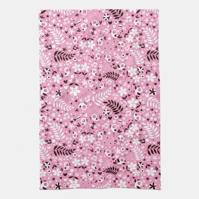 cute birds and flowers pink pattern kitchen towel (Vertical)