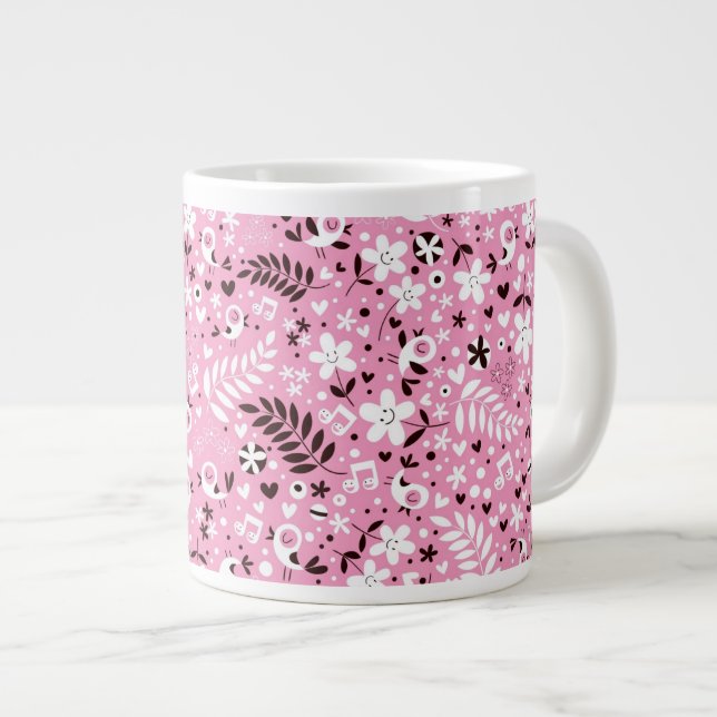 cute birds and flowers pink pattern large coffee mug (Front Right)