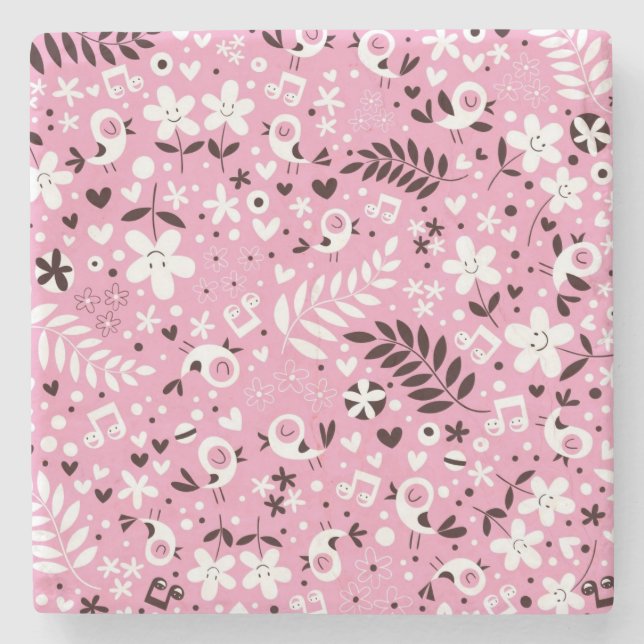 cute birds and flowers pink pattern stone coaster (Front)