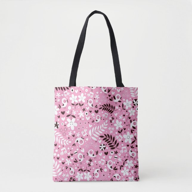 cute birds and flowers pink pattern tote bag (Front)