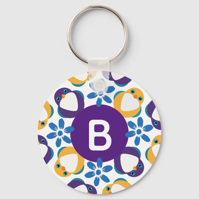 Cute Birds and Flowers Wreath Monogrammed Keychain (Front)