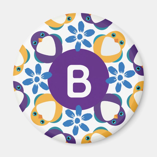 Cute Birds and Flowers Wreath Monogrammed Magnet (Front)