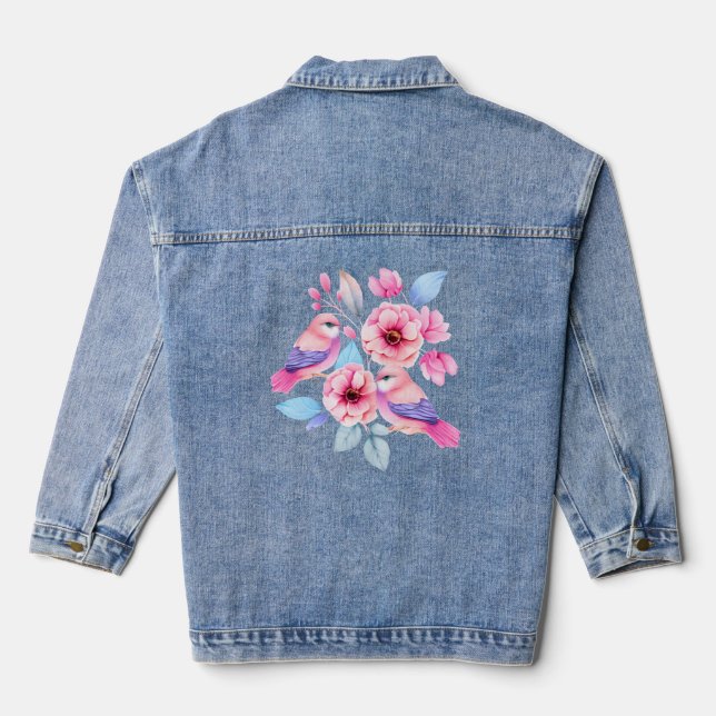 Cute Birds and Pretty Flowers Denim Jacket (Back)