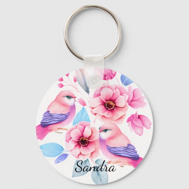 Cute Birds and Pretty Flowers Keychain (Front)