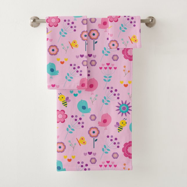 Cute Birds Bees And Flowers Bath Towel Set (Insitu)