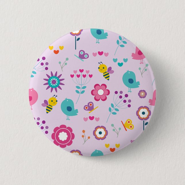 Cute Birds, Bees and Flowers Illustration 2 Inch Round Button (Front)