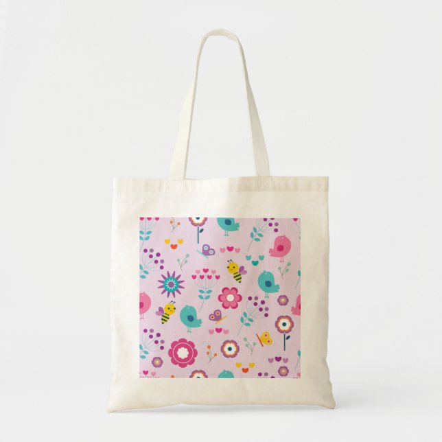 Cute Birds, Bees and Flowers Illustration Tote Bag (Front)
