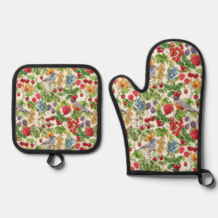Cute Birds/Berries Oven Mitt & Pot Holder Set