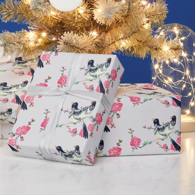 Cute Birds Black Grey Pink Flowers Wrapping Paper (Holidays)