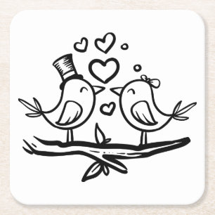 Cute Birds Black White Lovebirds Wedding Square Paper Coaster