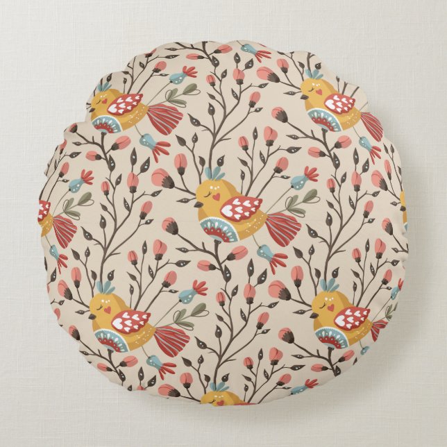 Cute Birds Boho Pattern Round Pillow (Front)