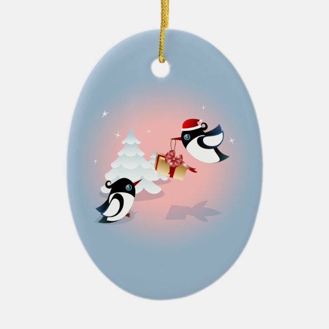 Cute Birds Christmas Present Ceramic Ornament (Front)