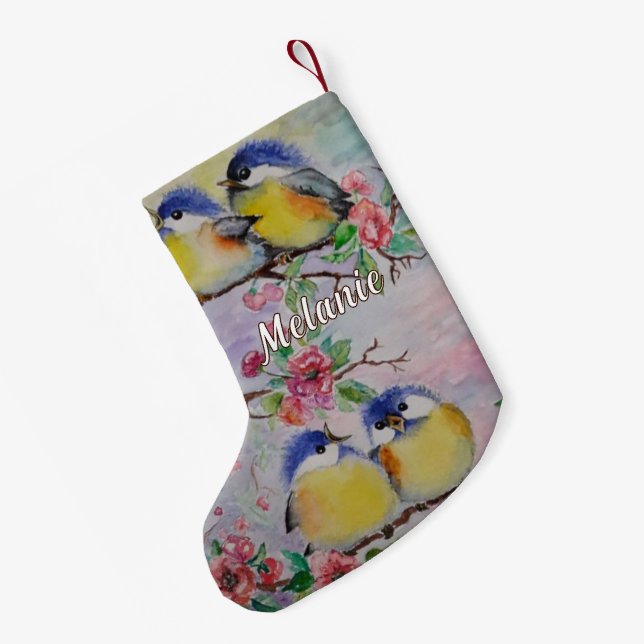 Cute Birds Christmas Stocking with Custom Name (Back (Hanging))