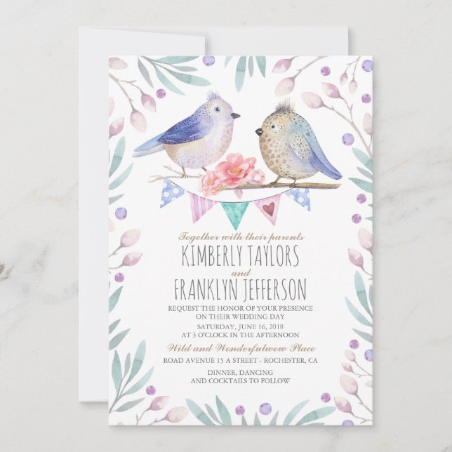 Cute Birds Couple Pink Floral Tree Wedding Invitation (Front)