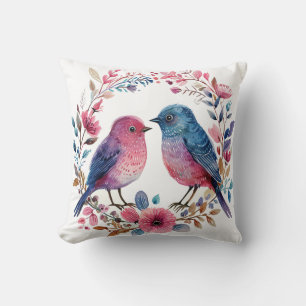 Cute Birds Couple With Floral Throw Pillow