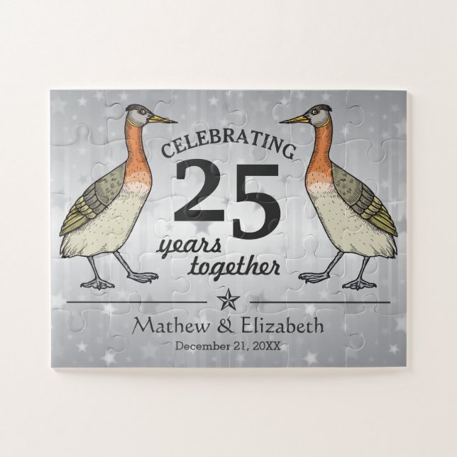 Cute Birds Custom Silver 25th Wedding Anniversary Jigsaw Puzzle (Horizontal)