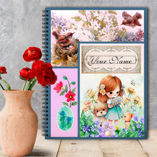 Cute Birds, flowers, little girl & puppies Spiral Notebook