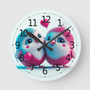 Cute Birds Love Hearts Valentine Inspired Artwork Round Clock