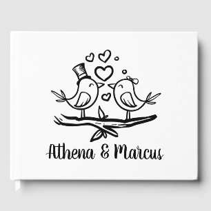 Cute Birds Lovebird Black White Wedding Guest Book