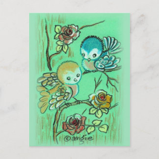 Cute Birds On Rose Bush Postcard
