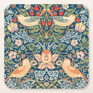 Cute Birds, Strawberry Thief Vintage Art Square Paper Coaster
