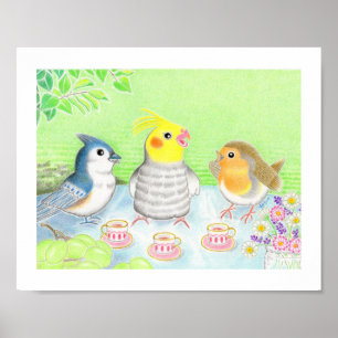 Cute Birds Tea Party Nursery Art Print Poster