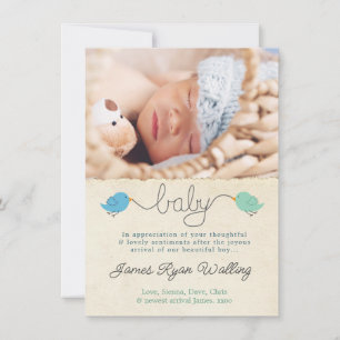 Cute Birds Thank You Note Baby Boy Photo Template 