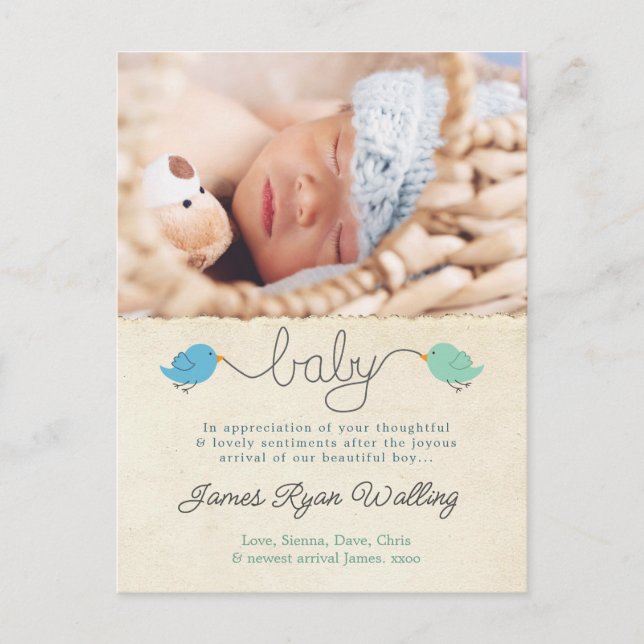 Cute Birds Thank You Note Baby Boy Photo Template Postcard (Front)