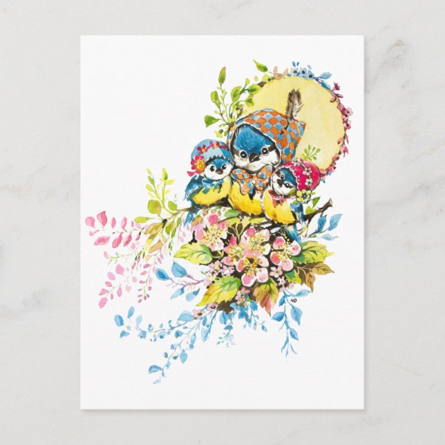 Cute Birds Vintage Illustration Postcard (Front)