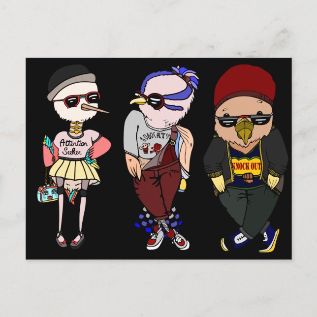 Cute Birds Wearing Clothes Fashion Illustration Postcard (Front)