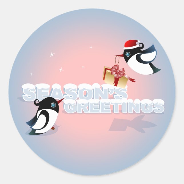 Cute Birds with Christmas Present Classic Round Sticker (Front)