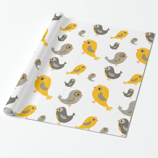 Cute birds - yellow and grey wrapping paper (Unrolled)