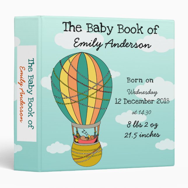 Cute Birth Stats Sleeping Bird in Hot Air Balloon Binder (Front/Spine)
