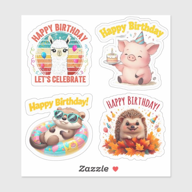 Cute Birthday Animal Stickers, Bday Stickers  (Sheet)