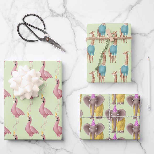 Cute Birthday Animals Trio Wrapping Paper Sheet (Front)