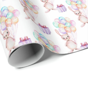 cute Birthday balloon bunny tiled party Wrapping Paper