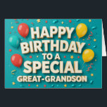 Cute Birthday Balloons Card for Great Grandson<br><div class="desc">Celebrate your great-grandson’s big day with this adorable birthday card featuring colourful balloons, confetti, streamers and a cheerful teal background. The playful design is perfect for boys of any age—whether he's turning 5 or 25. Inside, personalize your message to add a heartfelt note from his "favourite" Great Grandparent, a funny...</div>