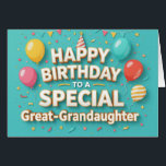 Cute Birthday Balloons Card Great Granddaughter<br><div class="desc">Celebrate your great-granddaughter’s big day with this adorable birthday card featuring colourful balloons, confetti, streamers and a cheerful teal background. The playful design is perfect for girls of any age—whether she's turning 5 or 25. Inside, personalize your message to add a heartfelt note from her "favourite" great grandparent, a funny...</div>