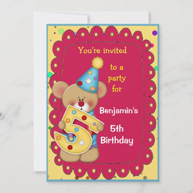 Cute Birthday Bear Age 5 Invitation (Front)