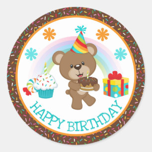 Cute Birthday Bear & Rainbow & Cake Classic Round Sticker